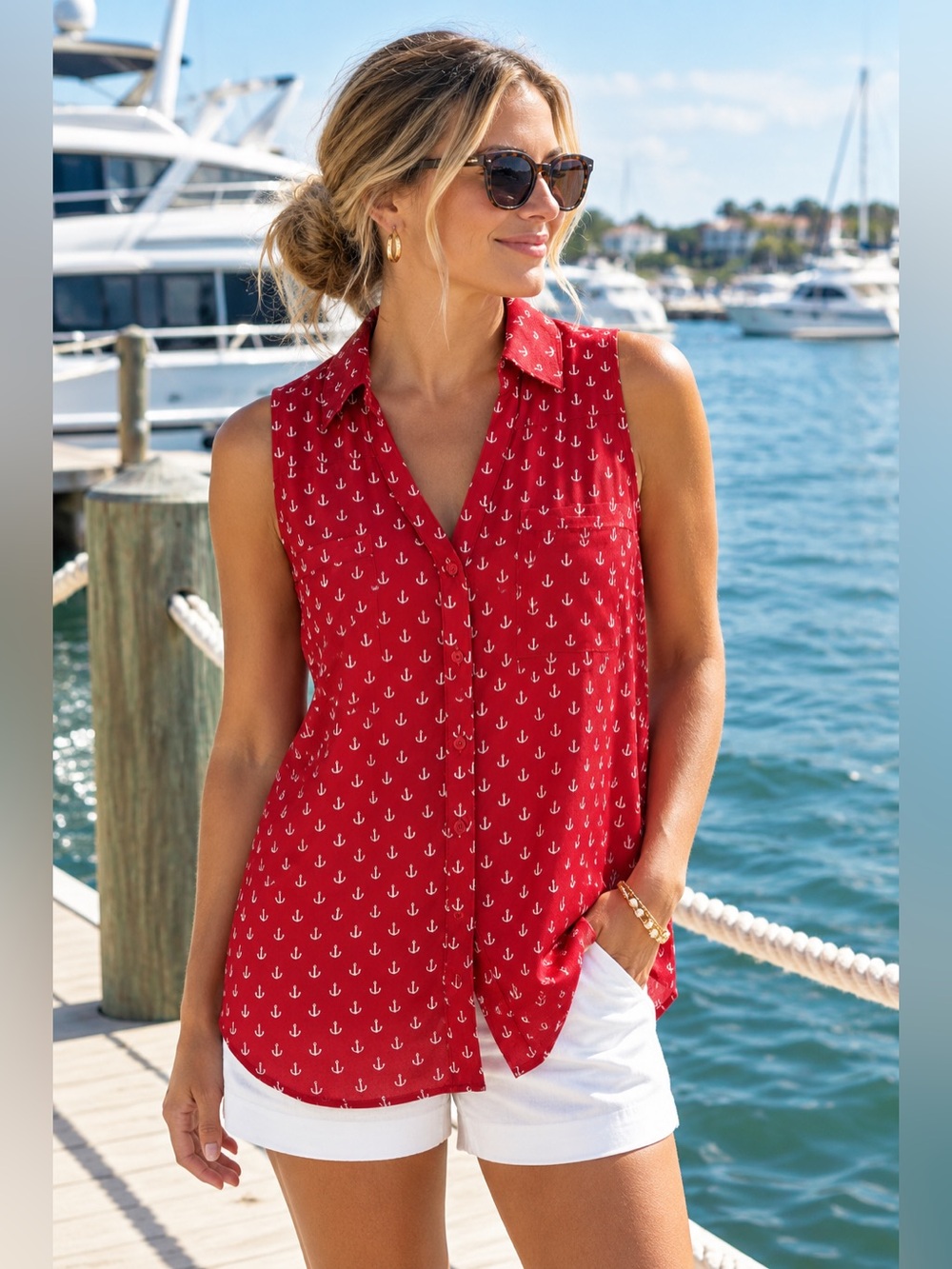 Express Women’s Red Sleeveless Anchor-Print Button-Up Blouse